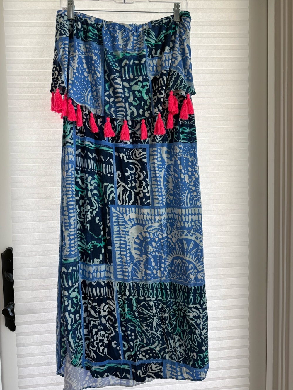 Lilly Pulitzer Strapless Blue Maxi Dress with Pink Tassels